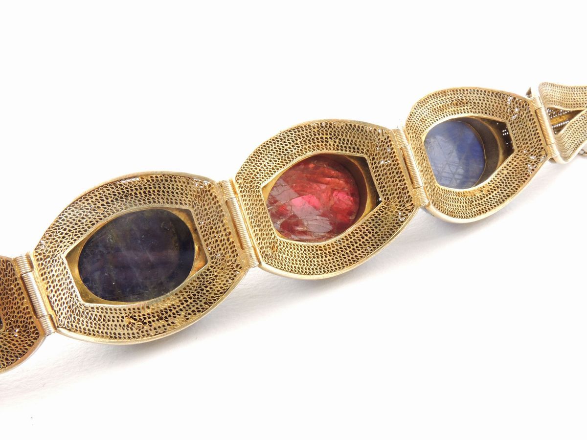 Bracciale in Filigrana D'argento, Smalti, Radice di Rubino e Zaffiro