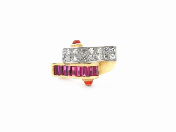 Yellow gold ring with diamonds and synthetics rubies