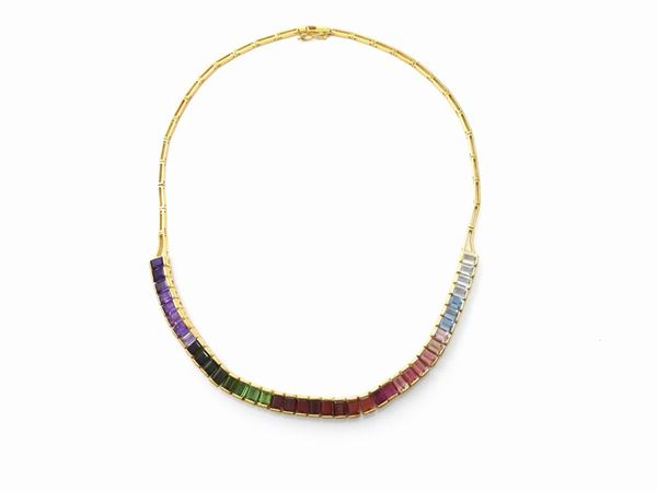 Yellow gold necklace with multicolored gems