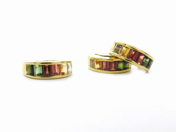 Demi parure anello e orecchini in oro giallo con gemme multicolori