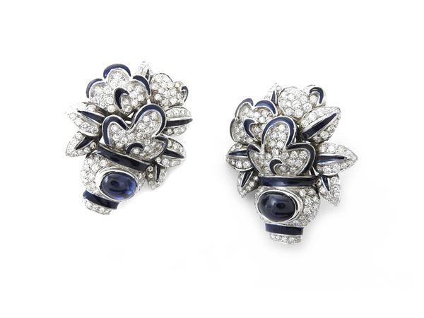 White gold earrings with diamonds, sapphires and blue enamels  - Auction Antique jewelry and watches - Maison Bibelot - Casa d'Aste Firenze - Milano