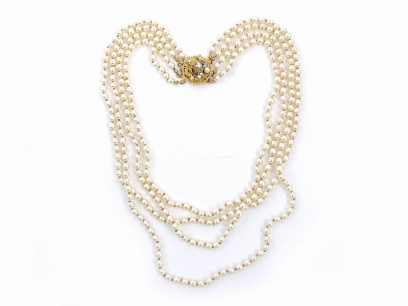 Collana Multifilo in Perle Barocche Simulate e Metallo Dorato, Miriam Haskell