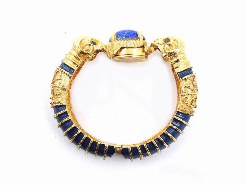 Bracciale/orologio Animalier in Metallo Dorato, Smalti e Strass, Kenneth Jay Lane