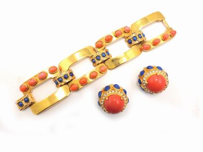Parure in Metallo Dorato, Cabochon in Vetro e Strass, Kenneth Jay Lane