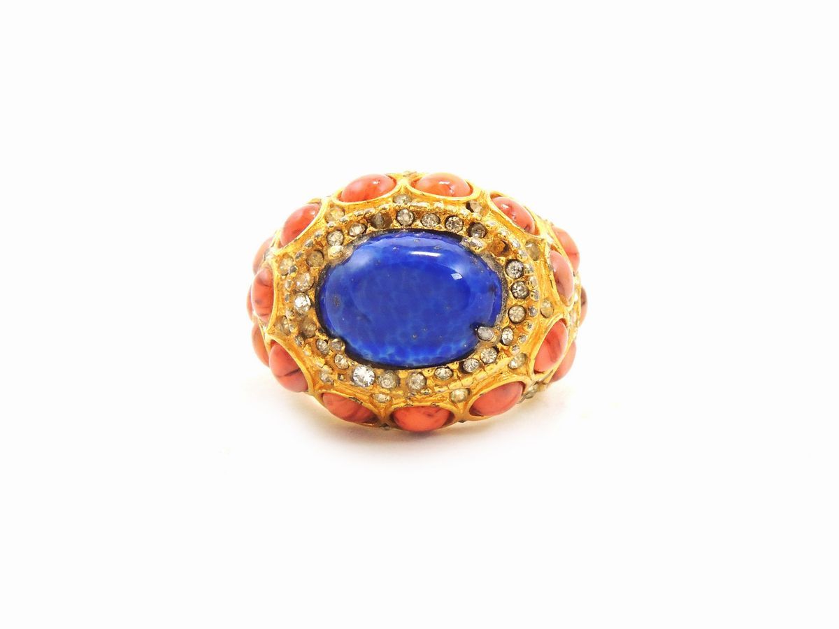 Parure in Metallo Dorato, Cabochon in Vetro e Strass, Kenneth Jay Lane
