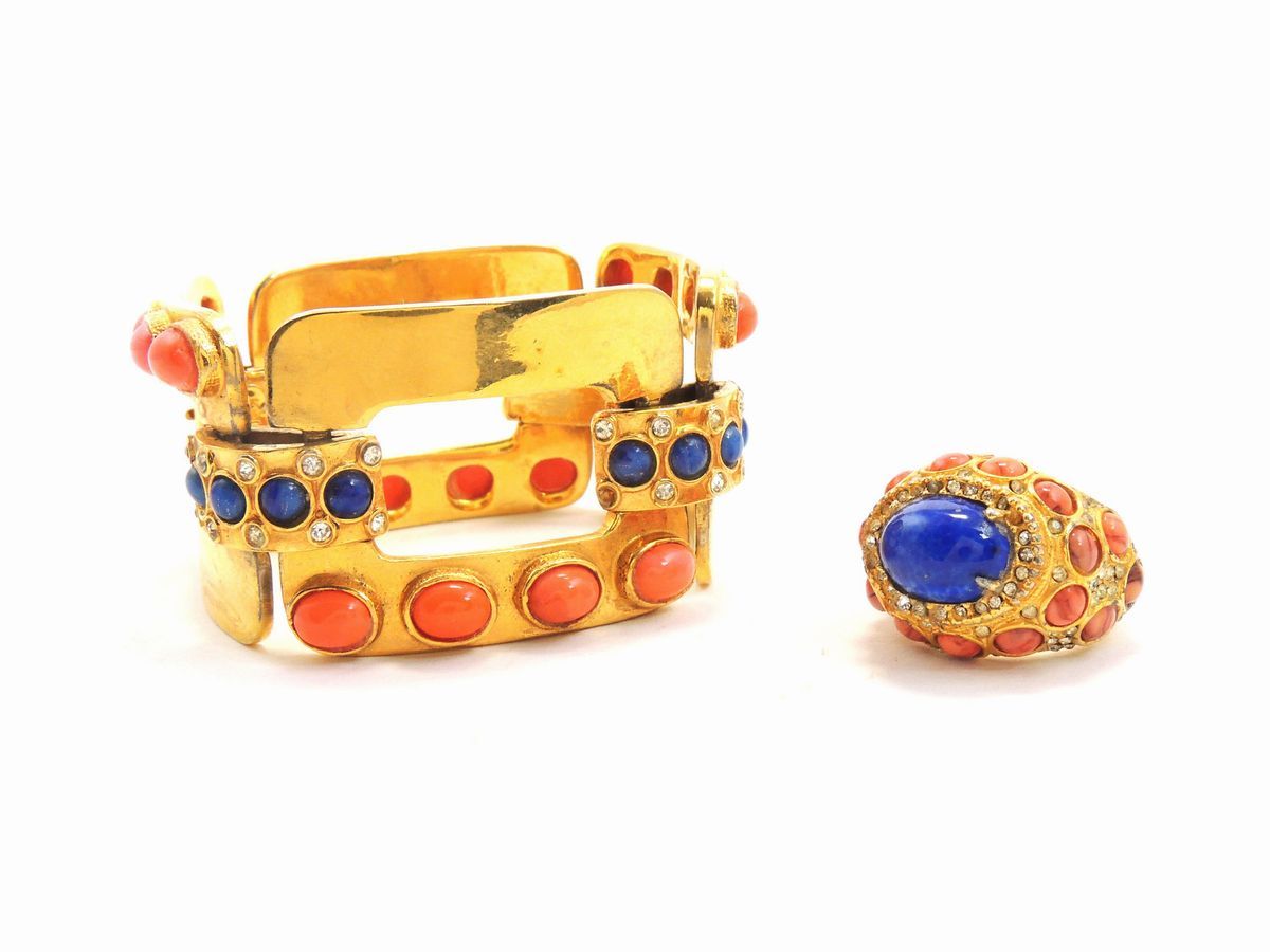 Parure in Metallo Dorato, Cabochon in Vetro e Strass, Kenneth Jay Lane