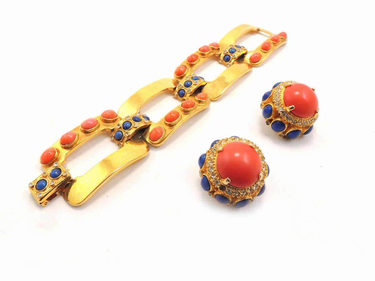 Parure in Metallo Dorato, Cabochon in Vetro e Strass, Kenneth Jay Lane