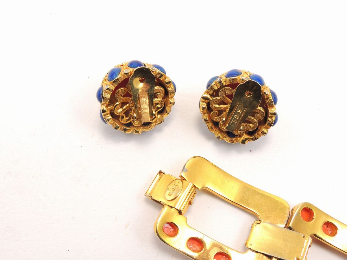 Parure in Metallo Dorato, Cabochon in Vetro e Strass, Kenneth Jay Lane