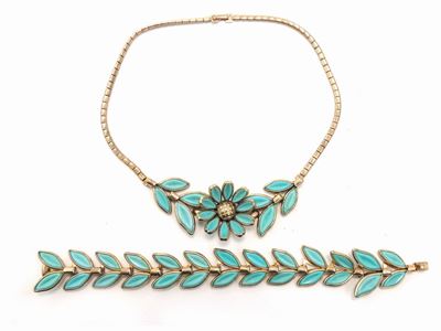 Demi Parure in Metallo Dorato e Vetro Turchese, Trifari