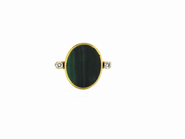 Yellow gold ring with diamonds, lapis lazuli and malachite