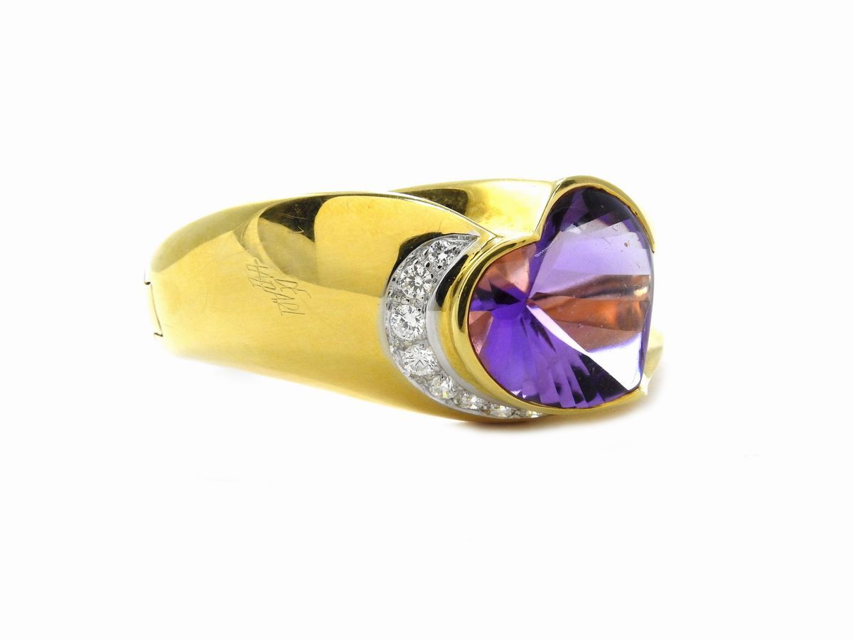 Bracciale Rigido De Lazzari in Oro Giallo con Diamanti e Quarzo Ametista