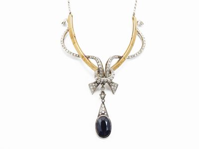 Collana in Oro Bianco e Giallo con Diamanti e Zaffiro