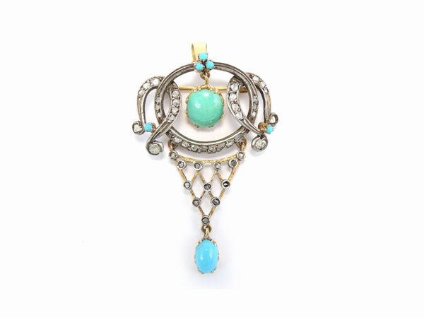 Yellow gold and silver brooch pendent with diamonds, turquoise and glass paste