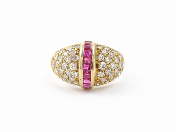 Yellow gold rounded band ring with diamonds and rubies