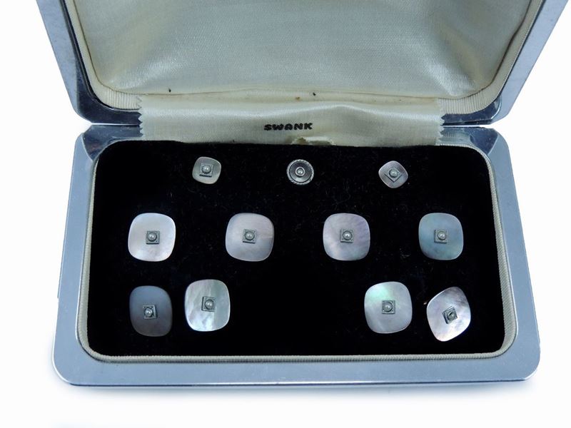 Set con Bottoni da Sparato e Gemelli in Madreperla, Argento Dorato e Perline
