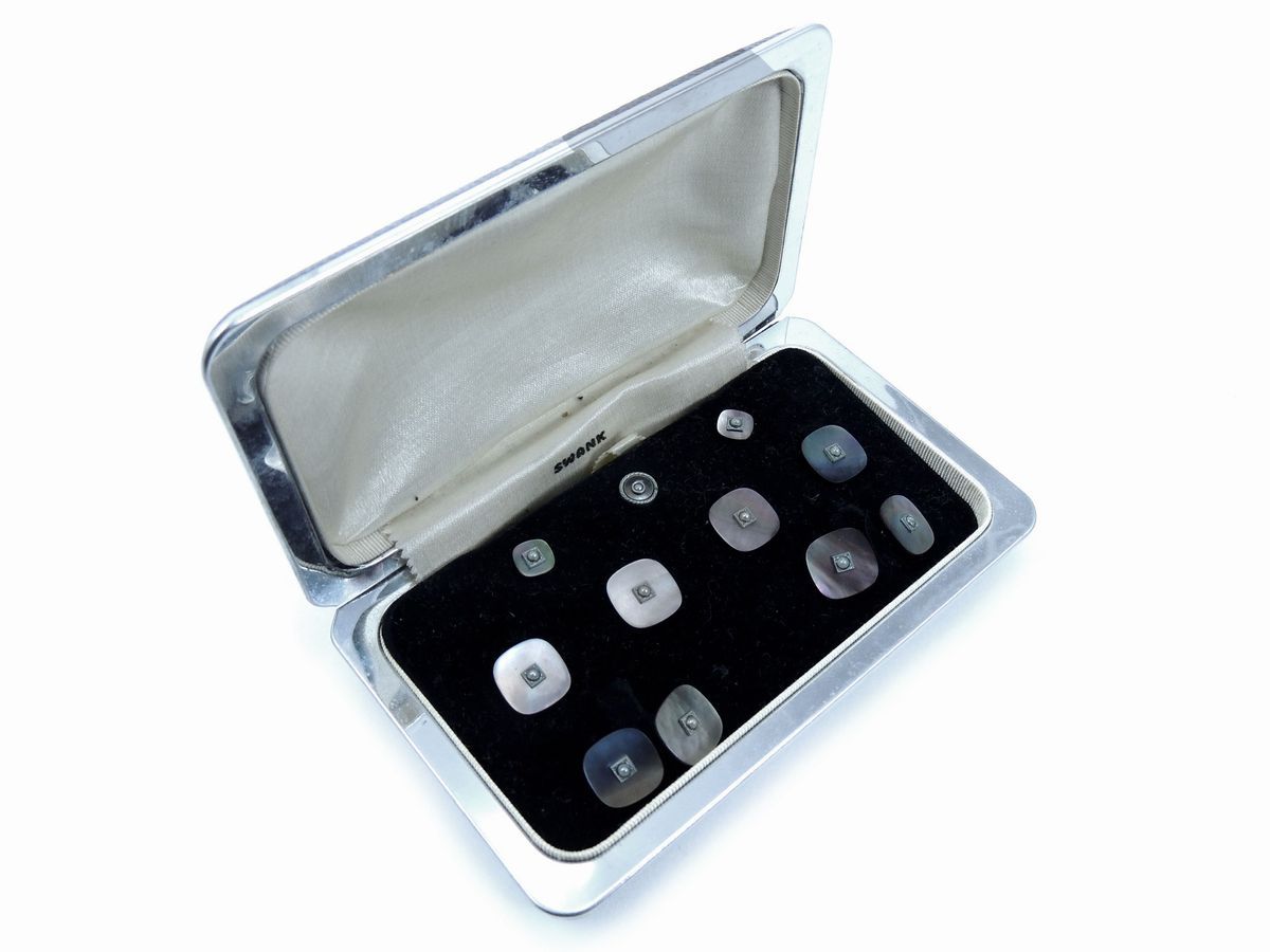 Set con Bottoni da Sparato e Gemelli in Madreperla, Argento Dorato e Perline