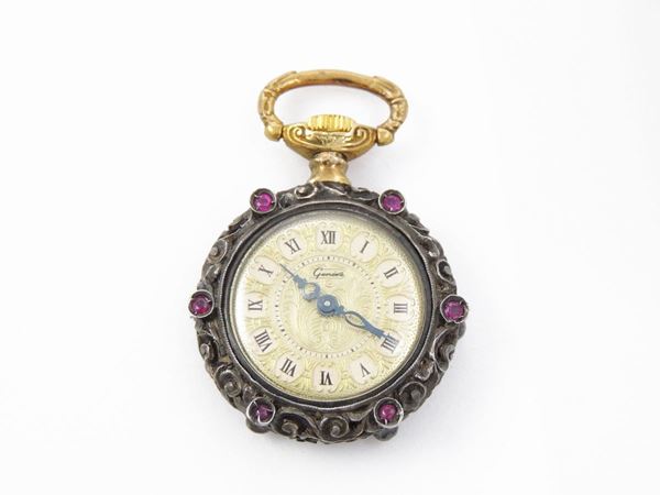 Orologio da tasca per donna in argento con rubini