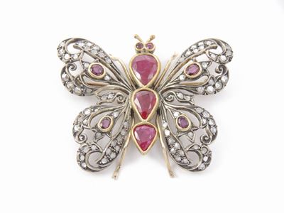 Spilla Animalier in Oro a Basso Titolo e Argento con Diamanti e Rubini