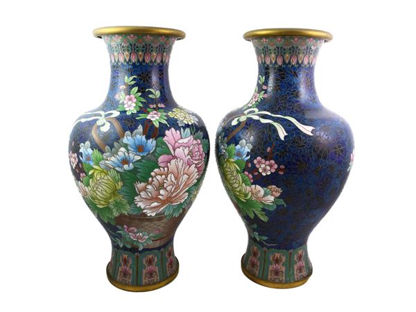 Pair of cloisonné enamel vases