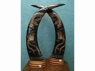 Coppia di Corni di Bufalo Ornamentali