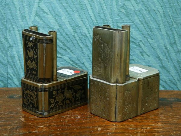 Two silver-plated metal inkwells