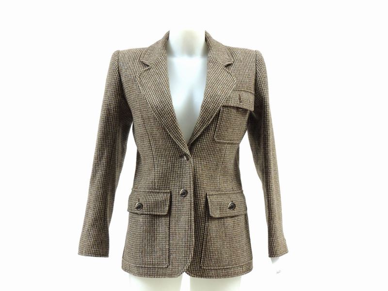 Giacca in Lana Marrone e Beige, Yves Saint Laurent Rive Gauche