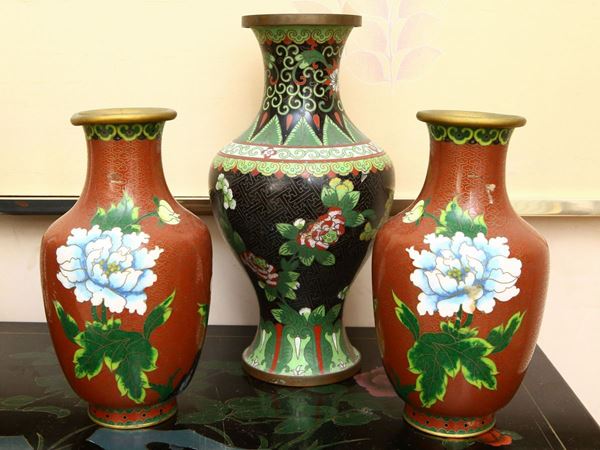 Three cloisonné enamel vases