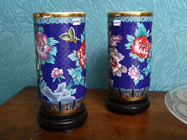 Pair of cloisonné enamel cylinder vases