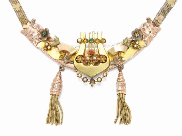 Low title yellow and pink gold Bourbon necklace with micro-pearls