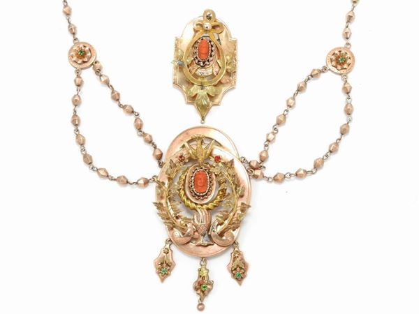 Low alloy pink and yellow gold Bourbon demi parure necklace and brooch with red coral cameos