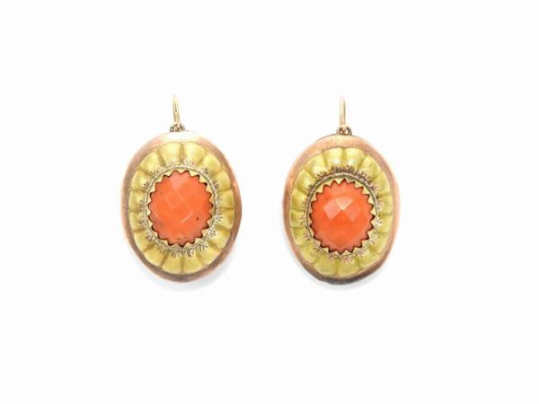 Low alloy pink and yellow gold Bourbon earrings with orange red corals
