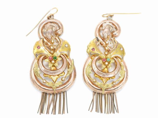 Low alloy pink and yellow gold Bourbon pendant earrings with micro-pearls  - Auction Antique jewelry and watches - Maison Bibelot - Casa d'Aste Firenze - Milano