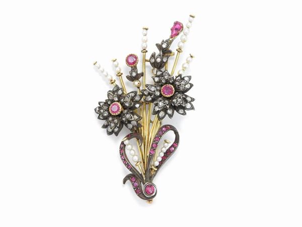 Yellow gold and silver brooch with diamonds, rubies and pearls