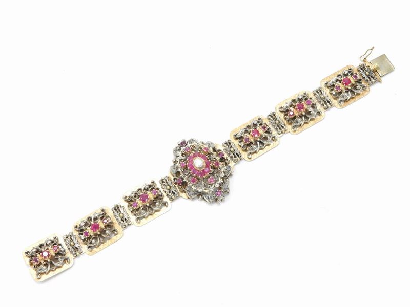 Bracciale in Oro Rosa e Argento con Diamanti e Rubini