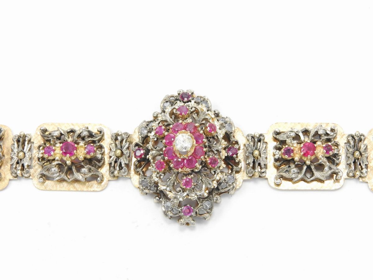 Bracciale in Oro Rosa e Argento con Diamanti e Rubini