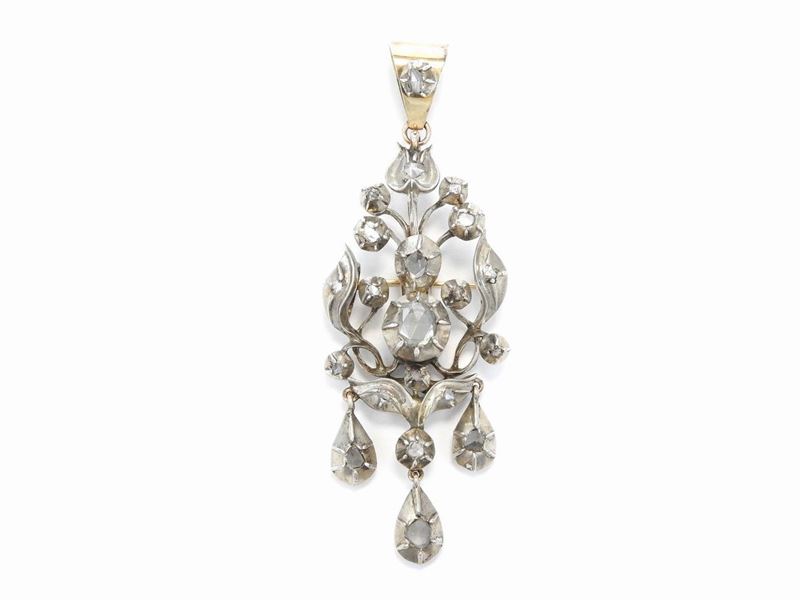 Pendente Spilla in Oro Rosa a Basso Titolo e Argento con Diamanti