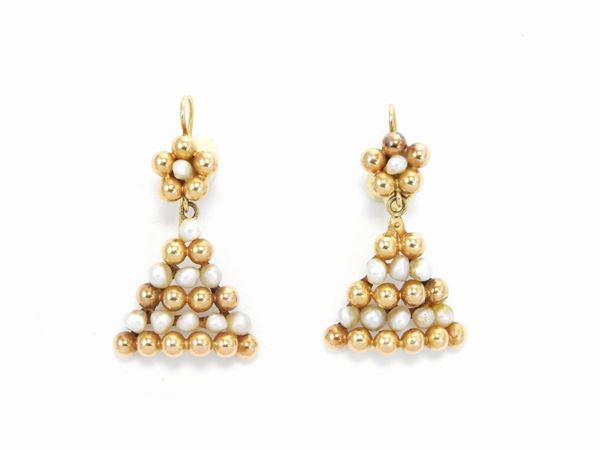 Yellow gold pendant earrings with baroque cultured pearls  (Sixties)  - Auction Antique jewelry and watches - Maison Bibelot - Casa d'Aste Firenze - Milano