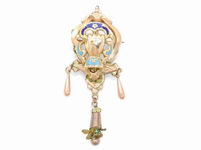 Spilla Borbonica in Oro Rosa e Giallo a Basso Titolo con Smalti Blu e Azzurri