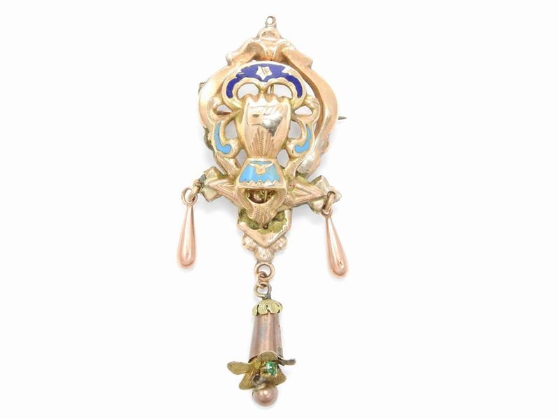 Spilla Borbonica in Oro Rosa e Giallo a Basso Titolo con Smalti Blu e Azzurri