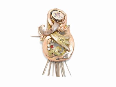 Spilla Borbonica in Oro Giallo e Rosa a Basso Titolo con Smalti Policromi Microperle e Vetri