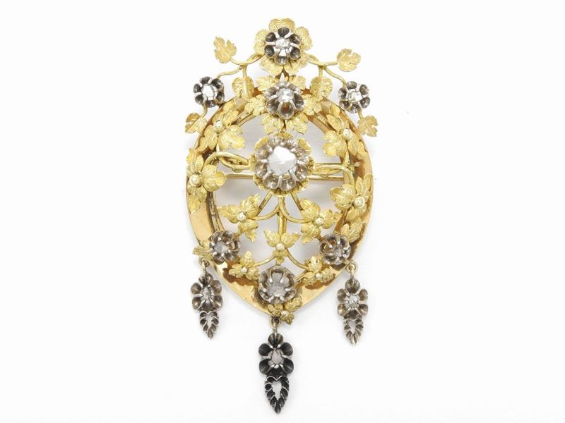 Spilla in Oro Giallo e Argento con Diamanti