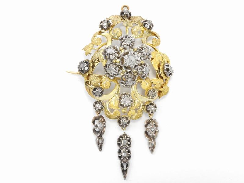 Spilla in Oro Giallo e Argento con Diamanti