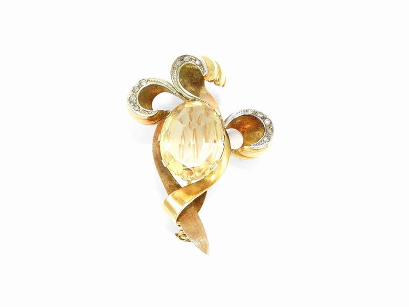Spilla in Oro Bianco e Giallo con Diamanti e Quarzo Citrino