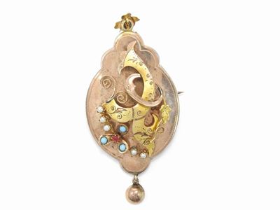 Pendente Spilla Borbonico in Oro Rosa e Giallo a Basso Titolo con Microperle e Vetri