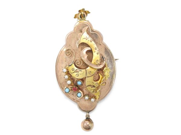 Low title pink and yellow gold Bourbon brooch pendant with micro-pearls and glasses  (19th century)  - Auction Antique jewelry and watches - Maison Bibelot - Casa d'Aste Firenze - Milano