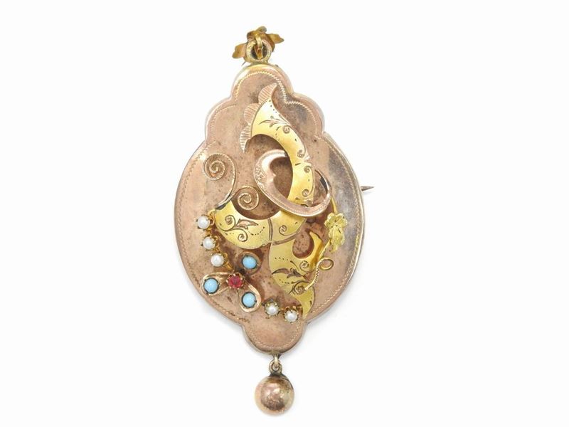 Pendente Spilla Borbonico in Oro Rosa e Giallo a Basso Titolo con Microperle e Vetri