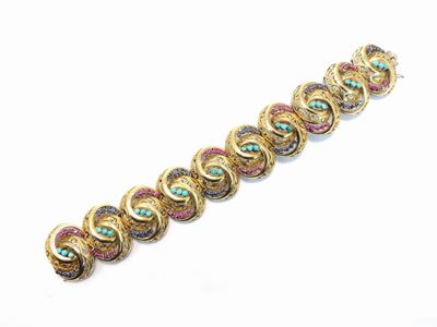 Bracciale in Oro Giallo Co Rubini, Zaffiri, Diamanti e Turchesi