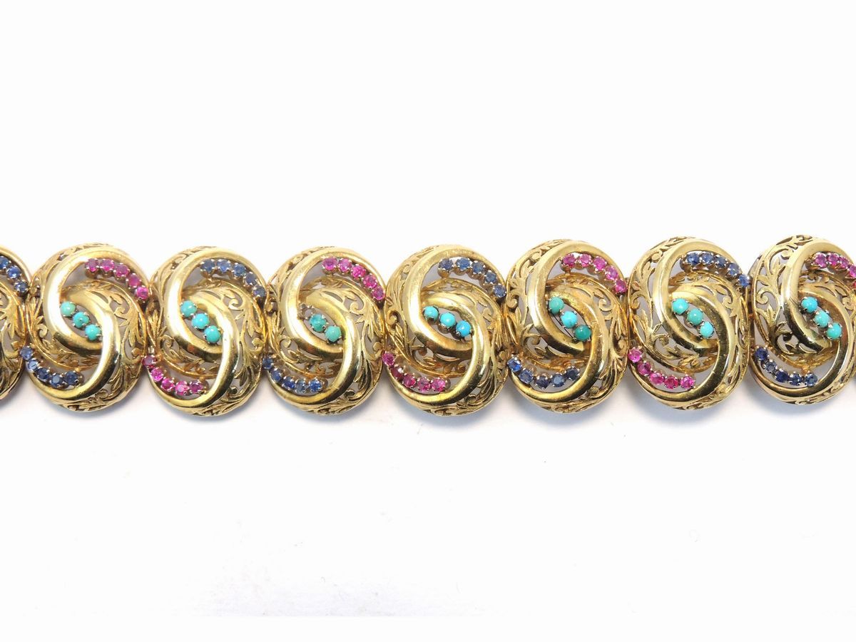 Bracciale in Oro Giallo Co Rubini, Zaffiri, Diamanti e Turchesi