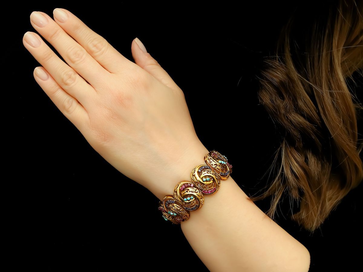 Bracciale in Oro Giallo Co Rubini, Zaffiri, Diamanti e Turchesi