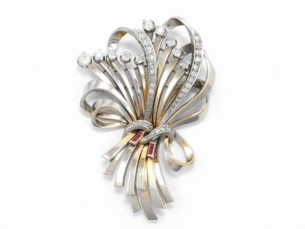 White and yellow gold brooch with diamonds and rubies